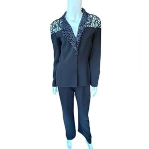 Vintage 80’s Thierry Muglar Black pantsuit w/ rope detailed lapel. Sz 40
